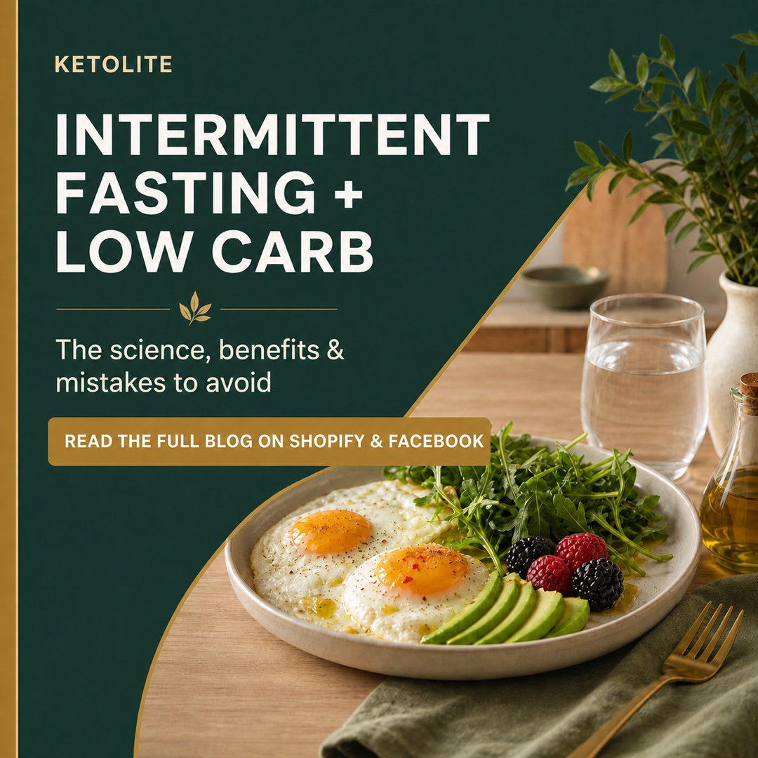 Low-carb breakfast with eggs, avocado, greens, water, and a clock representing  intermittent fasting.