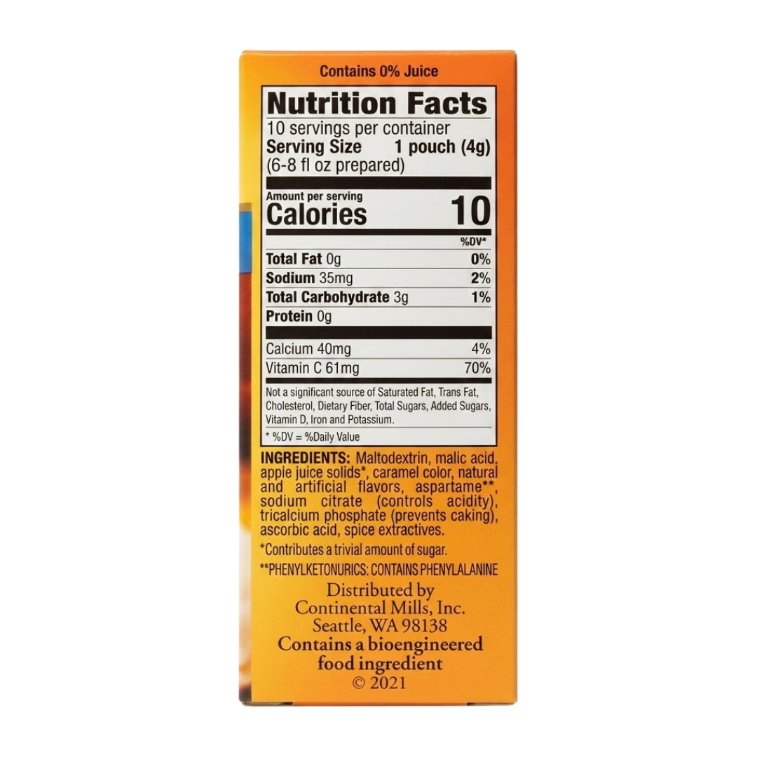 "Official nutrition facts label and ingredient list for Alpine Spiced Apple Cider Mix."