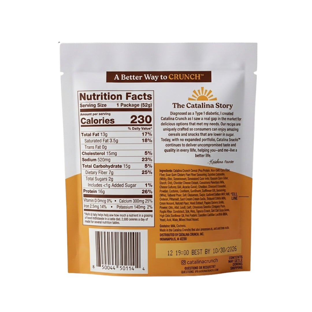 "Official nutrition facts label, ingredient list, and manufacturing details for Catalina Crunch Keto Friendly Cheddar Crunch Mix."