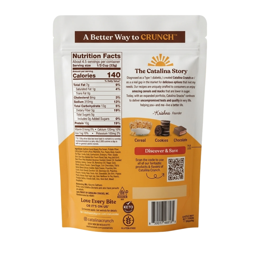 "Official nutrition facts label, ingredient list, and brand background story for Catalina Crunch Traditional Mix."