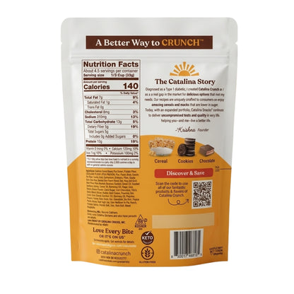 "Official nutrition facts label, ingredient list, and brand background story for Catalina Crunch Traditional Mix."