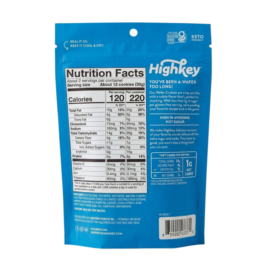 "Official dual-column nutrition facts label, ingredient list, and net carb calculator chart for Highkey Keto Wafer Cookies."