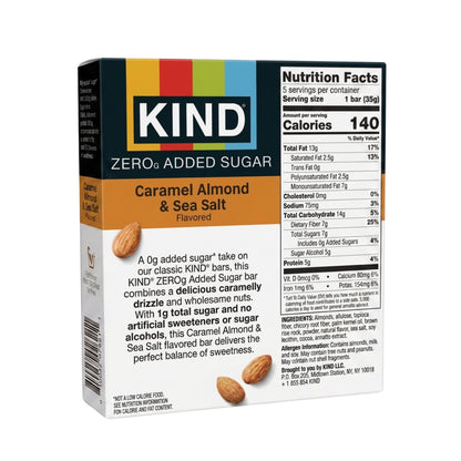 "Official nutrition facts label and ingredient list for KIND ZEROg Added Sugar Caramel Almond & Sea Salt flavored bar."