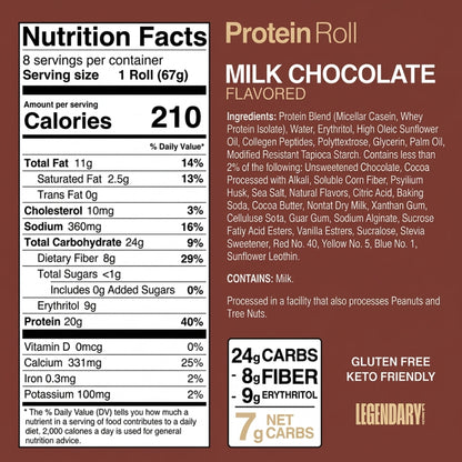 "Nutrition facts label for Legendary Foods Chocolate Protein Sweet Roll showing 20g protein and 7g net carbs"