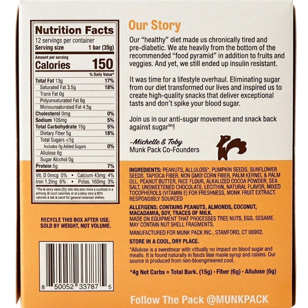 "Official nutrition facts panel, ingredient list, and net carb calculation chart for Munk Pack Keto Granola Bars."