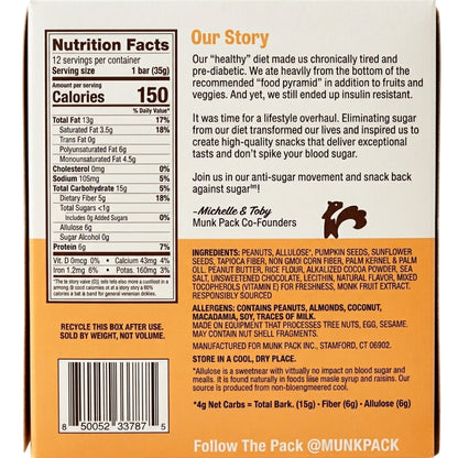 "Official nutrition facts panel, ingredient list, and net carb calculation chart for Munk Pack Keto Granola Bars."