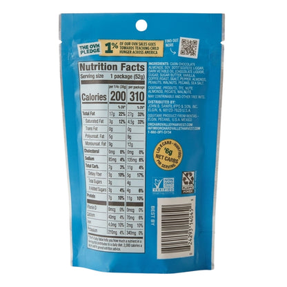 "Official dual-column nutrition facts label, ingredient list, and keto net carb callout badge for Orchard Valley Harvest Go Keto Salad Mix."