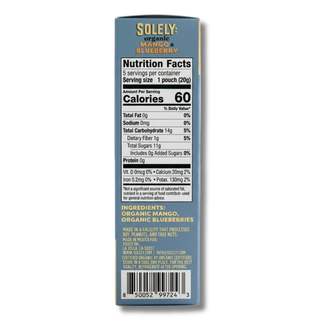 "Official nutrition facts label and organic ingredient list for Solely Mango & Blueberry fruit gummies."