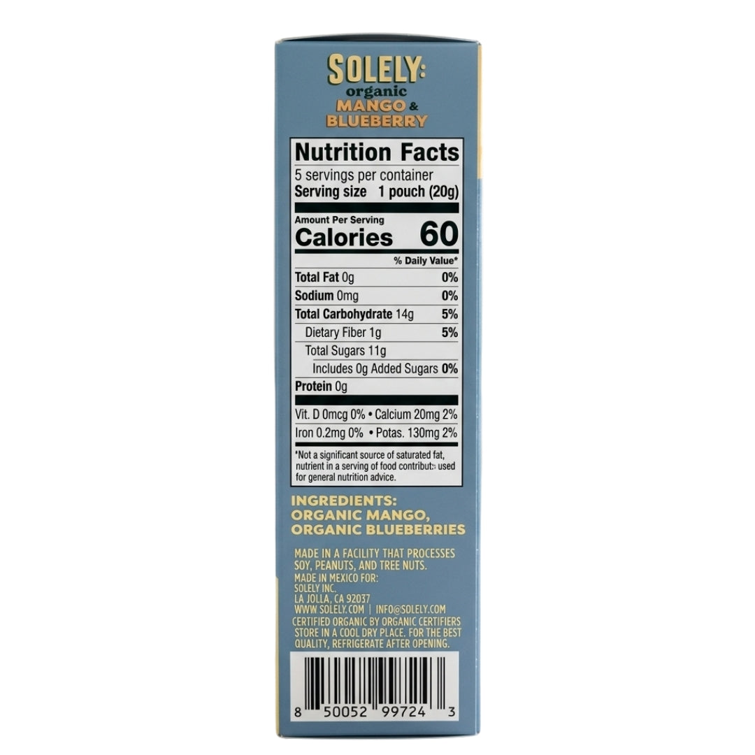 "Official nutrition facts label and organic ingredient list for Solely Mango & Blueberry fruit gummies."