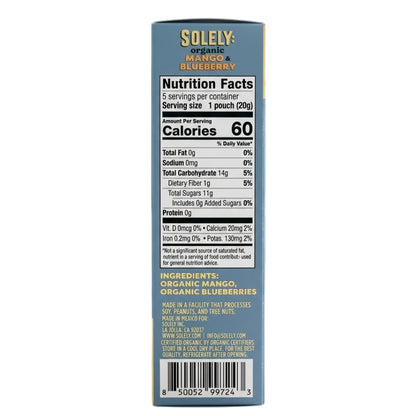 "Official nutrition facts label and organic ingredient list for Solely Mango & Blueberry fruit gummies."