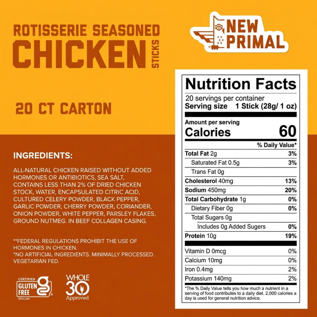 "Official nutrition facts label for The New Primal Rotisserie Seasoned Chicken Meat Sticks, Zero Sugar."