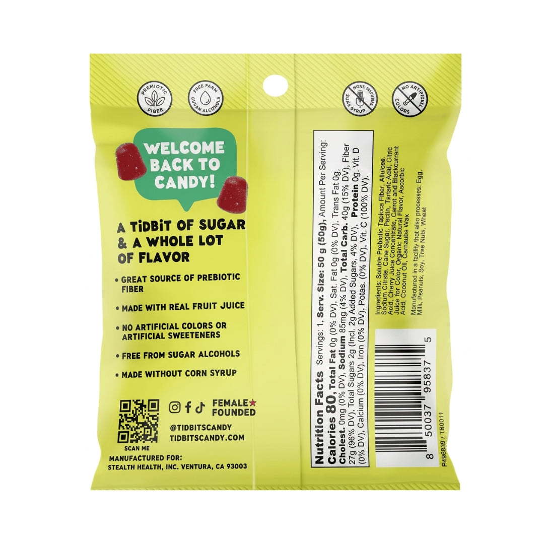 "Official nutrition facts label for TiDBiTS Candy Sour Cherry flavor."