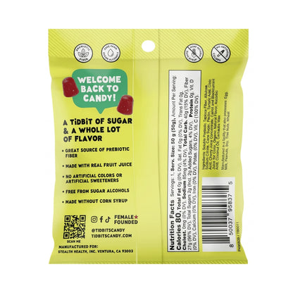 "Official nutrition facts label for TiDBiTS Candy Sour Cherry flavor."