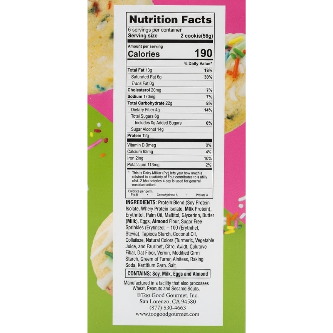 "Official nutrition facts label for Too Good Gourmet High Protein Birthday Cake Cookies."