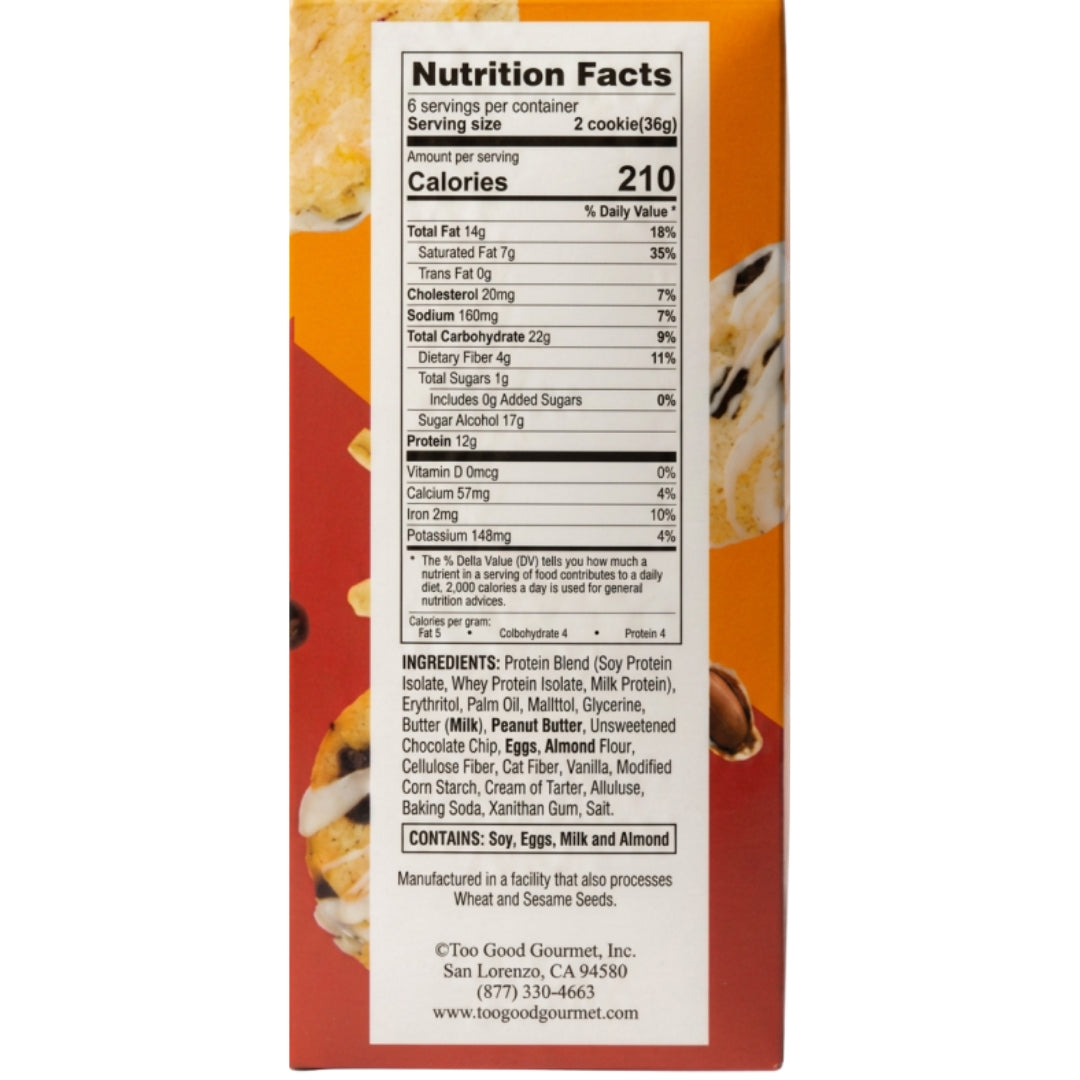 "Official nutrition facts label and ingredient list for Too Good Gourmet High Protein Peanut Butter Cookies."
