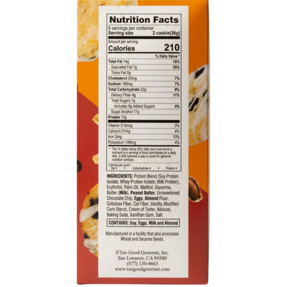 "Official nutrition facts label and ingredient list for Too Good Gourmet High Protein Peanut Butter Cookies."