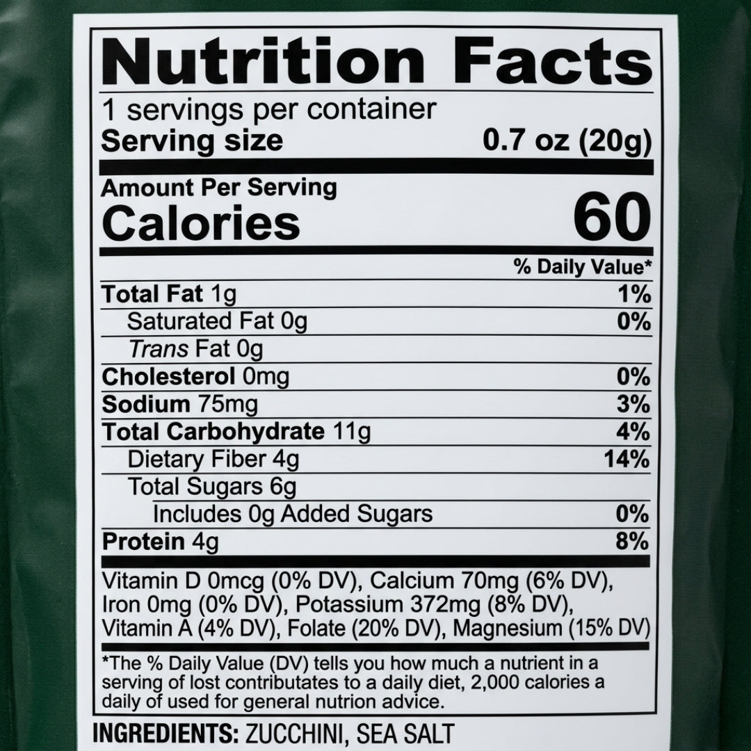"High-resolution 1:1 nutrition facts label for Veggie Vice Zucchini Chips Sea Salt flavor, 0.7 oz bag."
