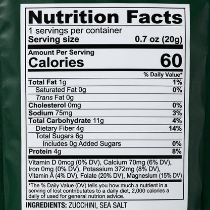 "High-resolution 1:1 nutrition facts label for Veggie Vice Zucchini Chips Sea Salt flavor, 0.7 oz bag."